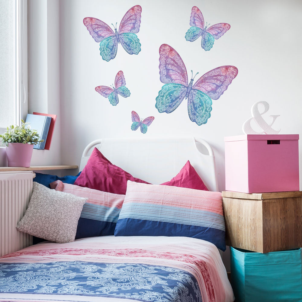 Five Watercolor Butterfly Wall Decals, Eco-Friendly Matte Fabric Wall